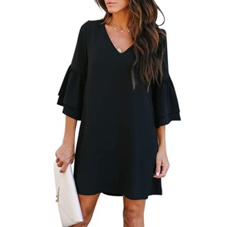 BELONGSCI Women's Dress Sweet & Cute V-Neck Bell Sleeve Shift Dress Mini Dress